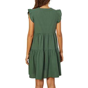 Kate Kasin Women's Summer Mini Dresses V-Neck Sleeveless Ruffle Pleated Loose Flared Tunic Short Dress Green M