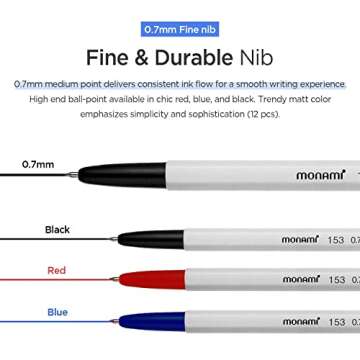 MONAMI BP 153 Retractable Ballpoint Pen, Fine Point (0.7mm), Black, 12-Count
