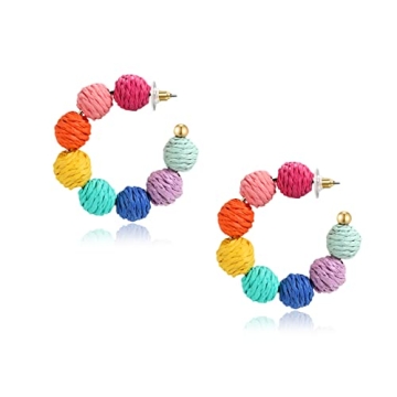 Colorful Raffia Hoop Dangle Earrings - Fun Summer Jewelry