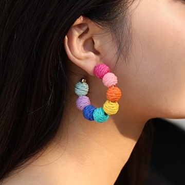 Colorful Raffia Hoop Dangle Earrings - Fun Summer Jewelry