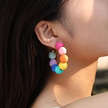 Colorful Raffia Hoop Dangle Earrings - Fun Summer Jewelry