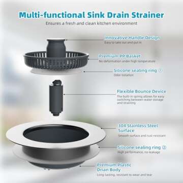 Hibbent 3 in 1 Kitchen Sink Drain Strainer, Stainless Steel Wrapped Shell Drain Stopper Combo, Pop Up Sink Stopper, Anti-Clogging Basket Strainer with Handle for US Standard 3-1/2" Drain