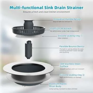 Hibbent 3 in 1 Kitchen Sink Drain Strainer, Stainless Steel Wrapped Shell Drain Stopper Combo, Pop Up Sink Stopper, Anti-Clogging Basket Strainer with Handle for US Standard 3-1/2" Drain