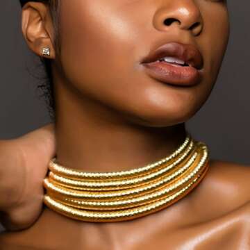 Wosois Tribal Layered Choker Necklace - Gold African Collar Chunky Boho Statement Jewelry for Women