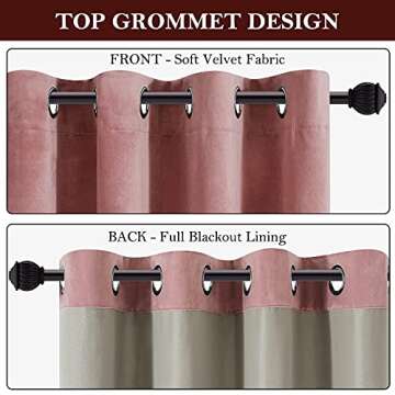 HOMEIDEAS Blush Pink Full Blackout Velvet Curtains,52 X 63 Inch Room Darkening Thermal Insulated Grommet Window Drapes for Bedroom, Living Room, 2 Panels