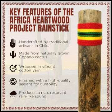 Africa Heartwood Project 20" Cactus Rainstick from Chile - Authentic Handcrafted Rain Stick Musical Instrument with Rasta Yarn Wrap and Durable Sealant