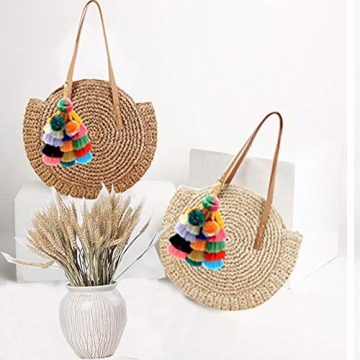 Stylish Donalworld Round Straw Pompom Shoulder Bag