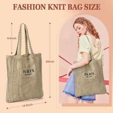Ayieyill Crochet Tote Bag For Women, Crochet Mesh Beach Tote Bag Summer Vacation Aesthetic Boho Knit Bag for Women (G/Khaki)