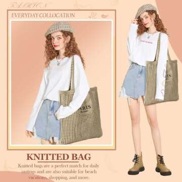 Ayieyill Crochet Tote Bag For Women, Crochet Mesh Beach Tote Bag Summer Vacation Aesthetic Boho Knit Bag for Women (G/Khaki)