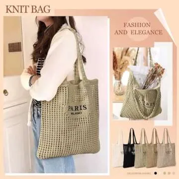 Ayieyill Crochet Tote Bag For Women, Crochet Mesh Beach Tote Bag Summer Vacation Aesthetic Boho Knit Bag for Women (G/Khaki)