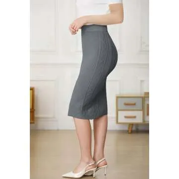 SANGTREE Women's High Waist Basic Plain Stretchy Cable Knit Bodycon Pencil Midi Skirt, Grey, Large