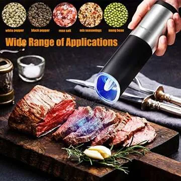 DERGUAM Gravity Electric Salt and Pepper Grinder Set, Stainless Steel Automatic Pepper and Salt Mill Grinder, Salt Grinder Spice Grinder with Adjustable Coarseness and LED Blue Light, Battery Powered