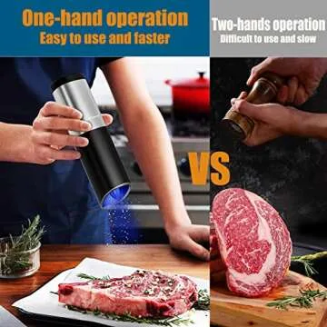 DERGUAM Gravity Electric Salt and Pepper Grinder Set, Stainless Steel Automatic Pepper and Salt Mill Grinder, Salt Grinder Spice Grinder with Adjustable Coarseness and LED Blue Light, Battery Powered