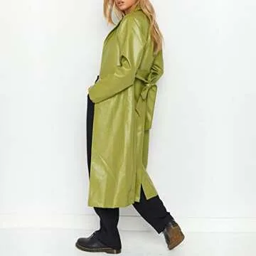 Chouyatou Women's Faux Leather Trench Coat With Belt - Green