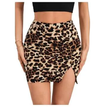 BEAUDRM Women's Leopard Print Bodycon Skirts Y2K High Waisted Split Mini Skirt Multicolor X-Small