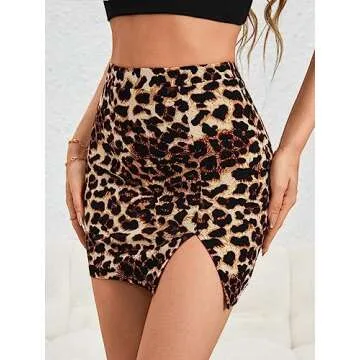 BEAUDRM Women's Leopard Print Bodycon Skirts Y2K High Waisted Split Mini Skirt Multicolor X-Small