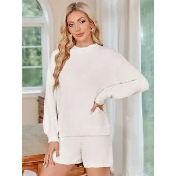 ZAFUL Women's Fuzzy Fleece knit Pajama Sets Long Sleeve 2 Piece Sweater Top and Shorts Loungewear Ou...