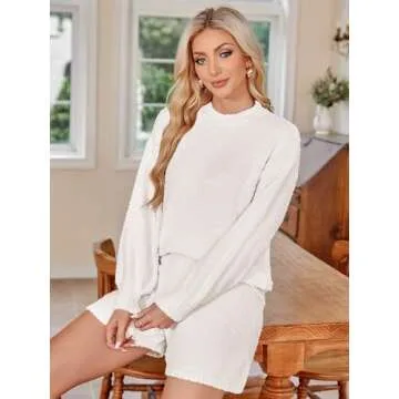 ZAFUL Women's Fuzzy Fleece knit Pajama Sets Long Sleeve 2 Piece Sweater Top and Shorts Loungewear Outfits