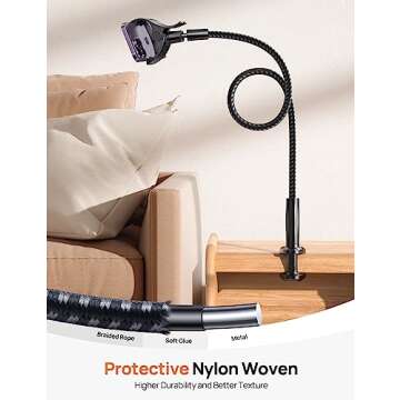 Aomiker Gooseneck Phone Holder for Bed - [2025 Upgrade Nylon Braid] 38” Long Flexible Lazy Arm Clip, 360 Adjustable Overhead Phone Mount for iPhone 15 14 13 12 11 Pro Max Mini Plus, all 4-7" Cellphone