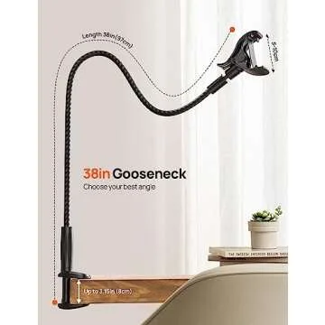 Aomiker Gooseneck Phone Holder for Bed - [2025 Upgrade Nylon Braid] 38” Long Flexible Lazy Arm Clip, 360 Adjustable Overhead Phone Mount for iPhone 15 14 13 12 11 Pro Max Mini Plus, all 4-7" Cellphone