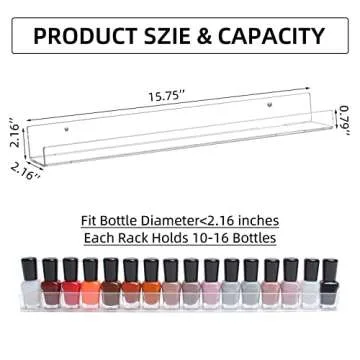 display4top 6 Pack Nail Polish Rack,15" Acrylic Nail Polish Wall Mounted Organizer Displays 90 Bottles, Clear Floating Kids Wall Bookshelf