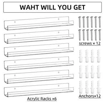 display4top 6 Pack Nail Polish Rack,15" Acrylic Nail Polish Wall Mounted Organizer Displays 90 Bottles, Clear Floating Kids Wall Bookshelf