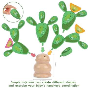 Lasoba Balancing Cactus Toy - Wooden Alphabet Learning Toys, Cactus Baby Toy, Balance Game, Montessori Stacking Puzzles for Toddlers 2-4, Letter Puzzle Toys, Portable Toy