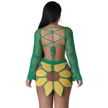 Bluewolfsea Women Summer Sexy 2 Piece Beach Outfits Floral Crochet Cover Up Set Crop Top Mini Skirt Set Party Clubwear Large Yellow Green