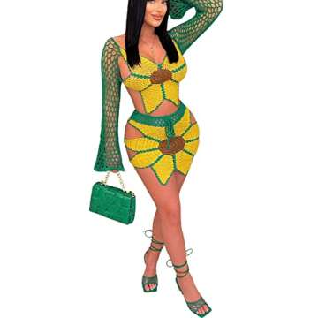 Bluewolfsea Women Summer Sexy 2 Piece Beach Outfits Floral Crochet Cover Up Set Crop Top Mini Skirt Set Party Clubwear Large Yellow Green
