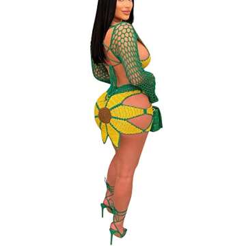 Bluewolfsea Women Summer Sexy 2 Piece Beach Outfits Floral Crochet Cover Up Set Crop Top Mini Skirt Set Party Clubwear Large Yellow Green