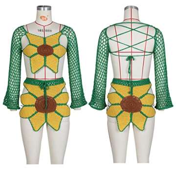 Bluewolfsea Women Summer Sexy 2 Piece Beach Outfits Floral Crochet Cover Up Set Crop Top Mini Skirt Set Party Clubwear Large Yellow Green