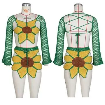 Bluewolfsea Women Summer Sexy 2 Piece Beach Outfits Floral Crochet Cover Up Set Crop Top Mini Skirt Set Party Clubwear Large Yellow Green