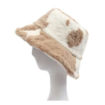Fuzzy Bucket Hat for Women Furry Fur Cow Print Bucket Hat Winter Warm Plush Fisherman Fluffy Sherpa ...