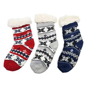 Kids Fluffy Thermal Sherpa Socks, 3 Pairs, Cute Christmas Slipper Winter Non Skid, Warm Ultra Soft Boys Girls