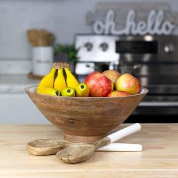 AuldHome Design Wooden Salad Bowl Set (Large Serving Bowl w/Utensils); Salad Serving Set in Mango Wo...
