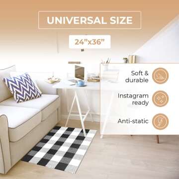 Black and White Buffalo Plaid Outdoor Rug - 24x36 + Upgraded Anti-Slip Mat - Cotton Buffalo Plaid Ru...