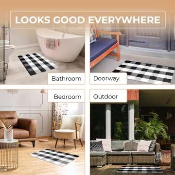 Black and White Buffalo Plaid Outdoor Rug - 24x36 + Upgraded Anti-Slip Mat - Cotton Buffalo Plaid Rug for Outdoor/Indoor Use - Washable Front Door Mat for Front Porch, Kitchen, Farmhouse Entryway