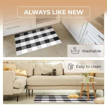 Black and White Buffalo Plaid Outdoor Rug - 24x36 + Upgraded Anti-Slip Mat - Cotton Buffalo Plaid Rug for Outdoor/Indoor Use - Washable Front Door Mat for Front Porch, Kitchen, Farmhouse Entryway