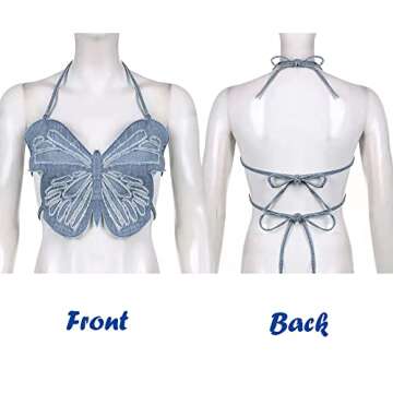 Yendoll Women's Butterfly Denim Backless Crop Top