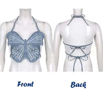 Yendoll Women's Butterfly Denim Backless Crop Top