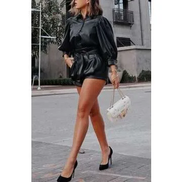 DZOVUTTZ High Waisted Shorts for Women Faux Leather Wide Leg with Pockets Black S