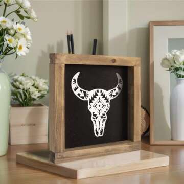 flangairy Cow Skull Wall Decor Western Sign, Wooden Southwestern Bathroom Art, Wood Rustic Home Table Decoration