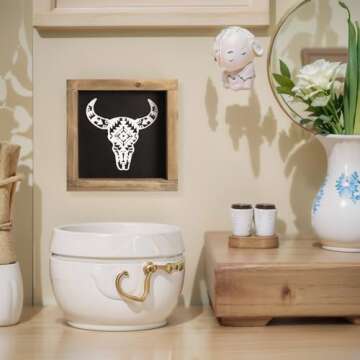 flangairy Cow Skull Wall Decor Western Sign, Wooden Southwestern Bathroom Art, Wood Rustic Home Table Decoration