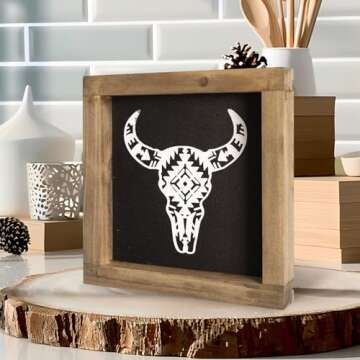 flangairy Cow Skull Wall Decor Western Sign, Wooden Southwestern Bathroom Art, Wood Rustic Home Table Decoration