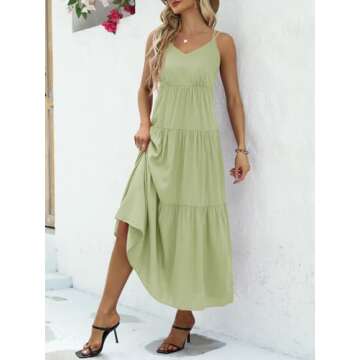 Febriajuce Women’s Summer Maxi Dress Casaul Spaghetti Straps Solid V-Neck Backless Cami Dresses with Two Pockets Light Green