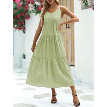 Febriajuce Women’s Summer Maxi Dress Casaul Spaghetti Straps Solid V-Neck Backless Cami Dresses with Two Pockets Light Green