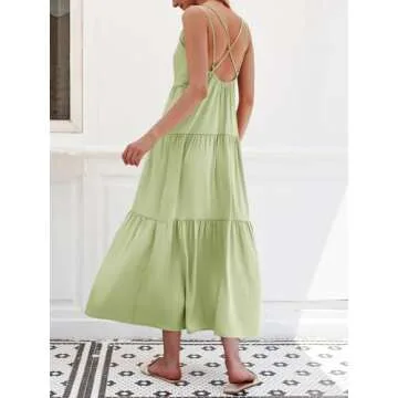 Febriajuce Women’s Summer Maxi Dress Casaul Spaghetti Straps Solid V-Neck Backless Cami Dresses with Two Pockets Light Green