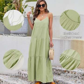 Febriajuce Women’s Summer Maxi Dress Casaul Spaghetti Straps Solid V-Neck Backless Cami Dresses with Two Pockets Light Green