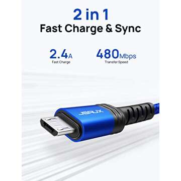 JSAUX Micro USB Cable Android Charger, (2-Pack 6.6FT) Kindle Charger Cord Replacement, Nylon Braided USB Micro Charging Cable Compatible with Galaxy S7 S6 J7 Edge Note 5, Kindle, MP3-Blue