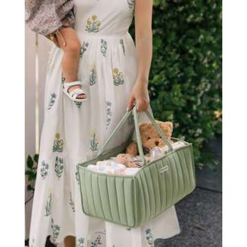 Blissful Diary Baby Diaper Caddy Basket, Stylish Diaper Caddy Organizer With A Diaper Storage Bag - Gift for Baby Registry Must Have, Baby Shower List, Newborn Essentials - Sage Green